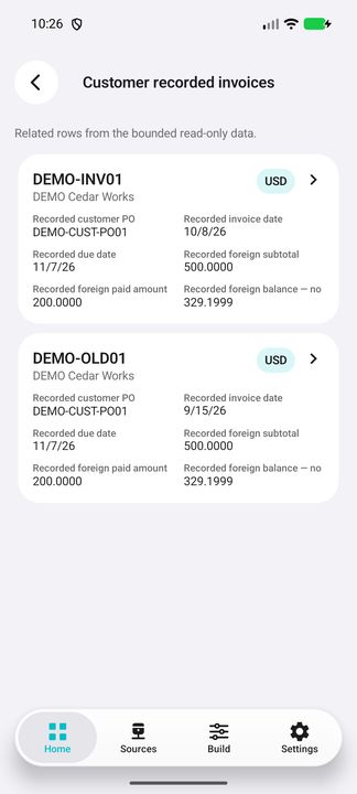 Customer recorded invoices actually opened: own recorded USD currency, dates, source subtotal, paid amount and balance; recent bounded list. — Native Cifru DEMO, entirely fictional; not a real ERP connection test.