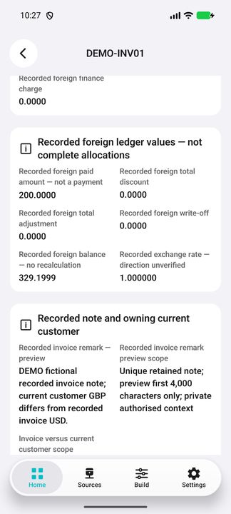 Recorded invoice Details: separate source paid/discount/adjustment/balance values, raw rate and recorded note; not current customer amounts. — Native Cifru DEMO, entirely fictional; not a real ERP connection test.