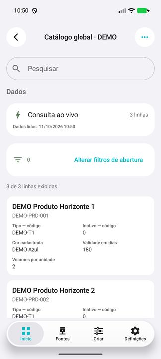 Filtro de código na abertura, três registros lidos e primeiro card completo. — Cifru nativo, DEMO inteiramente fictício; não teste em ERP real.