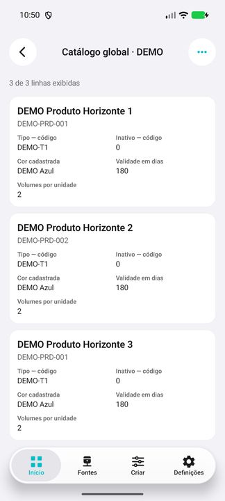 Três cards completos; códigos visíveis iguais pertencem a produtos distintos. — Cifru nativo, DEMO inteiramente fictício; não teste em ERP real.