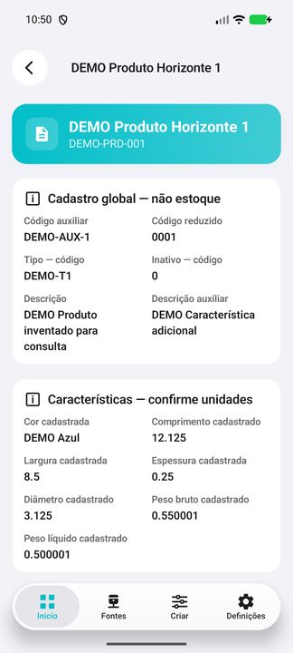 Cadastro global, descrições, códigos auxiliares, dimensões e pesos sem unidade presumida. — Cifru nativo, DEMO inteiramente fictício; não teste em ERP real.