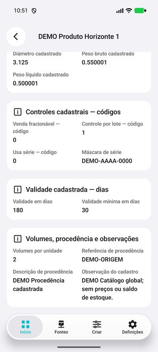 Controles de lote/série, validade em dias, volumes, procedência e observação completa. — Cifru nativo, DEMO inteiramente fictício; não teste em ERP real.