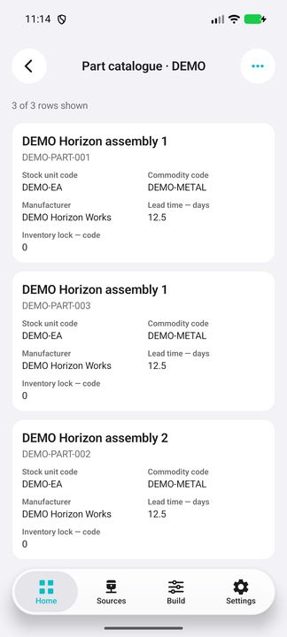 All three complete cards; equal descriptions belong to distinct commercial part codes. — Native Cifru; wholly fictional DEMO, not a real ERP test.