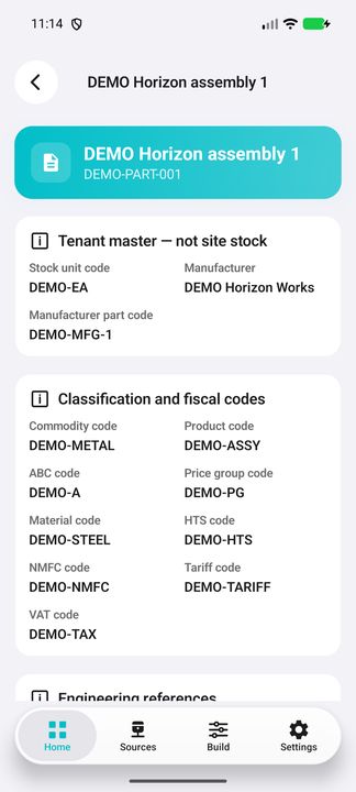 Tenant identity, manufacturer references, classification and fiscal codes. — Native Cifru; wholly fictional DEMO, not a real ERP test.