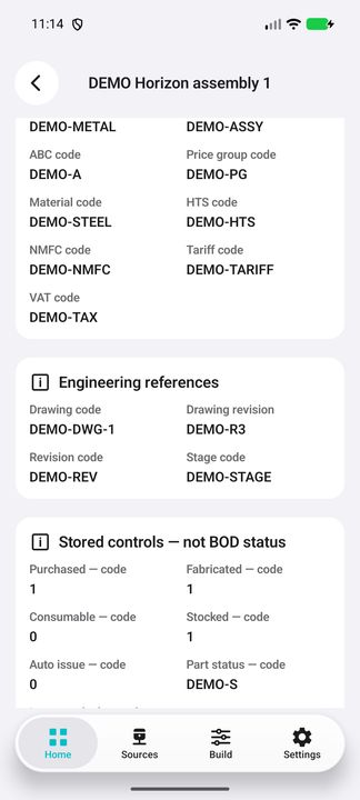 Drawing/revision references and stored controls, not generated BOD status. — Native Cifru; wholly fictional DEMO, not a real ERP test.