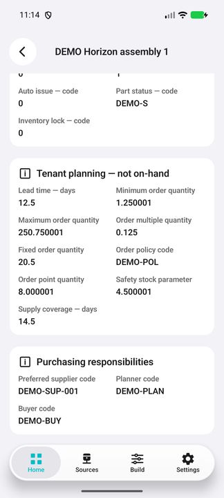 All tenant planning parameters and preferred supplier, planner and buyer codes. — Native Cifru; wholly fictional DEMO, not a real ERP test.