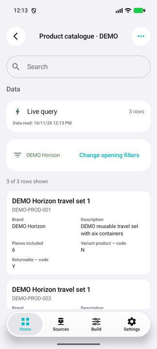 Brand selection on opening, search and the first complete product card. — Native Cifru; wholly fictional DEMO, not a real ERP test.