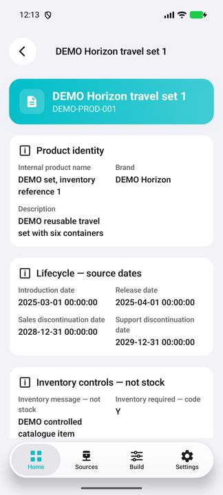Product identity and all four lifecycle source dates. — Native Cifru; wholly fictional DEMO, not a real ERP test.