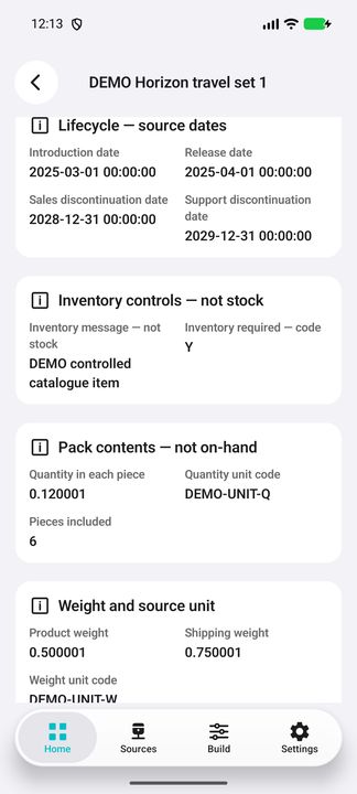 Inventory controls and complete pack contents, not on-hand stock. — Native Cifru; wholly fictional DEMO, not a real ERP test.