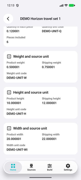 Product/shipping weight, height and width with their respective source unit codes. — Native Cifru; wholly fictional DEMO, not a real ERP test.