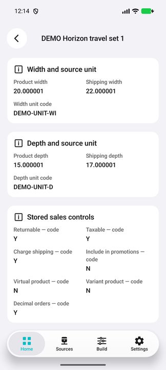 Product/shipping depth with its source unit and all seven stored sales controls. — Native Cifru; wholly fictional DEMO, not a real ERP test.