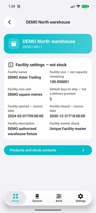 Selected facility: complete same-row settings and the stock-context action. — Native Cifru; wholly fictional DEMO, not a real ERP test.