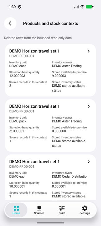 Complete stock-context cards: separate units/owners, quantities and stored status. — Native Cifru; wholly fictional DEMO, not a real ERP test.