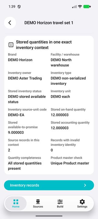 Stock context: stored totals, completeness checks and Inventory records action. — Native Cifru; wholly fictional DEMO, not a real ERP test.