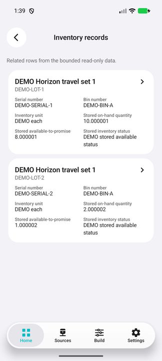 Complete inventory cards: lot, serial, bin, unit, quantities and stored status. — Native Cifru; wholly fictional DEMO, not a real ERP test.