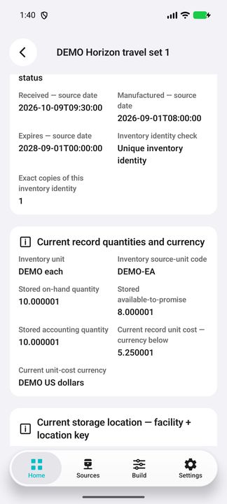 Inventory record: current quantities and current unit cost with its currency. — Native Cifru; wholly fictional DEMO, not a real ERP test.