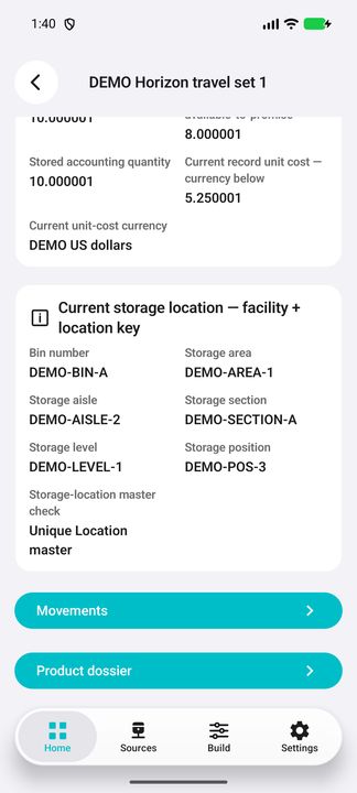 Current storage positions; both Movements and Product dossier actions. — Native Cifru; wholly fictional DEMO, not a real ERP test.