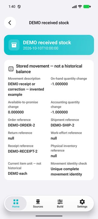 Complete selected movement dossier: changes, source date and stored document references. — Native Cifru; wholly fictional DEMO, not a real ERP test.