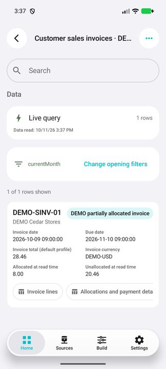 Complete selected invoice card: dates, default-profile total, currency and current allocation amounts. — Native Cifru; wholly fictional DEMO, not a real ERP test.