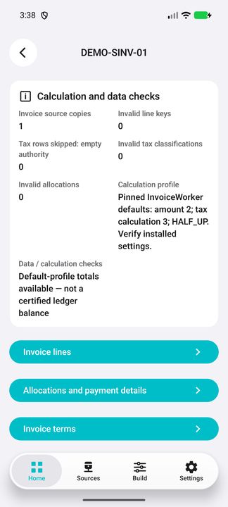 Invoice checks and all three related buttons: lines, allocations/payment details and terms. — Native Cifru; wholly fictional DEMO, not a real ERP test.