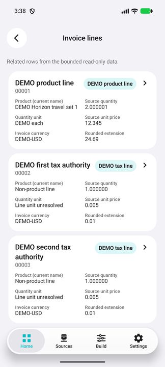Complete selected invoice-line card: product, source quantity/unit price and rounded extension. — Native Cifru; wholly fictional DEMO, not a real ERP test.