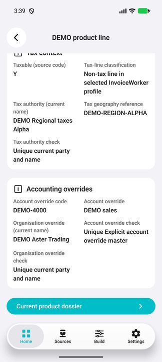 Invoice-line tax/accounting context and the Current product dossier button. — Native Cifru; wholly fictional DEMO, not a real ERP test.