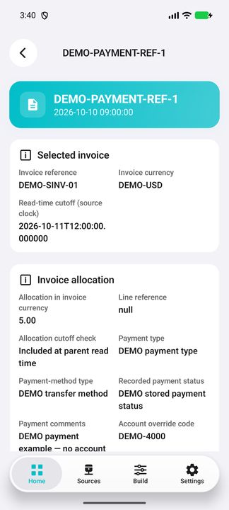 Selected allocation Details and inherited invoice context; the payment reference uses the full header. — Native Cifru; wholly fictional DEMO, not a real ERP test.
