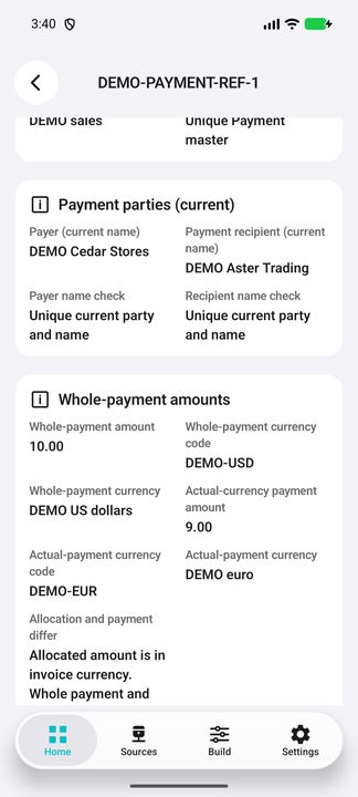 Whole-payment and actual-payment currency amounts, kept separate from the invoice allocation. — Native Cifru; wholly fictional DEMO, not a real ERP test.