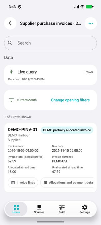 Complete selected invoice card: dates, default-profile total, currency and current allocation amounts. — Native Cifru; wholly fictional DEMO, not a real ERP test.