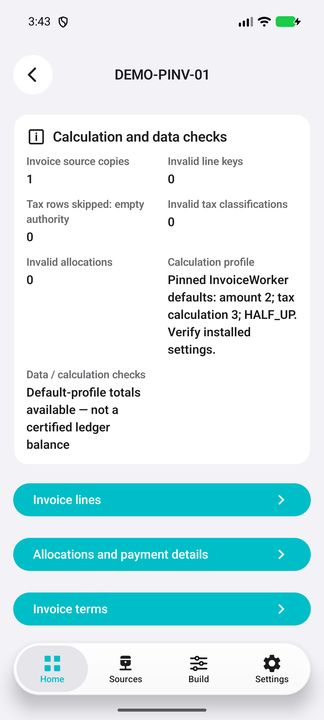 Invoice checks and all three related buttons: lines, allocations/payment details and terms. — Native Cifru; wholly fictional DEMO, not a real ERP test.