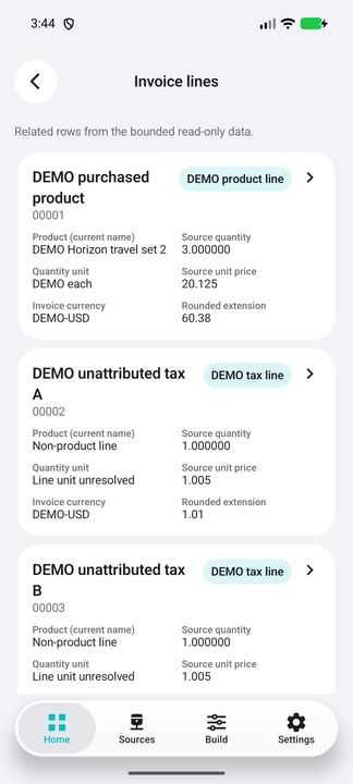 Complete selected invoice-line card: product, source quantity/unit price and rounded extension. — Native Cifru; wholly fictional DEMO, not a real ERP test.