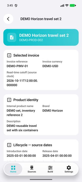 Current product identity, brand, description and lifecycle: not a historical invoice snapshot. — Native Cifru; wholly fictional DEMO, not a real ERP test.
