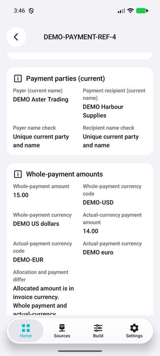 Whole-payment and actual-payment currency amounts, kept separate from the invoice allocation. — Native Cifru; wholly fictional DEMO, not a real ERP test.