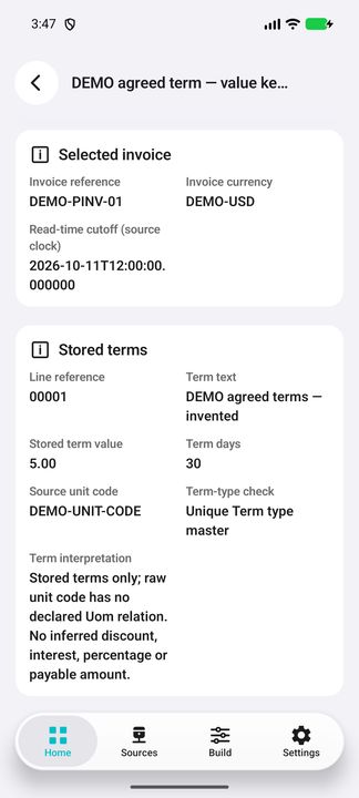 Stored invoice/line terms: source text, raw value/unit and days; no inferred percentage. — Native Cifru; wholly fictional DEMO, not a real ERP test.