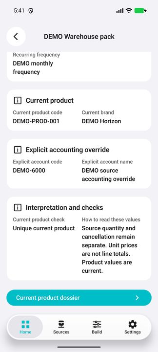 Order-line Details with current product/accounting context and the Current product dossier button. — Native Cifru; wholly fictional DEMO, not a real ERP test.
