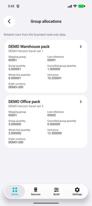 Complete selected allocation card: this group quantity/cancellation, whole-line quantity, unit price and order currency. — Native Cifru; wholly fictional DEMO, not a real ERP test.