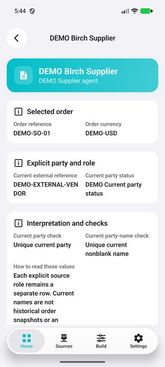 Current party in its explicit source role, external reference and status; no arbitrary main customer/vendor. — Native Cifru; wholly fictional DEMO, not a real ERP test.