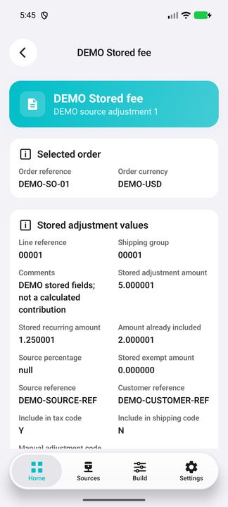 Selected stored adjustment: amount, percentage and already included values retain different meanings. — Native Cifru; wholly fictional DEMO, not a real ERP test.