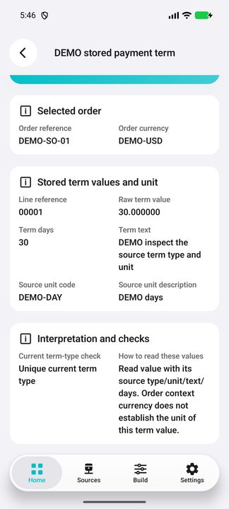 Stored terms: raw value, days, unit and text; no inferred percentage, discount or currency. — Native Cifru; wholly fictional DEMO, not a real ERP test.