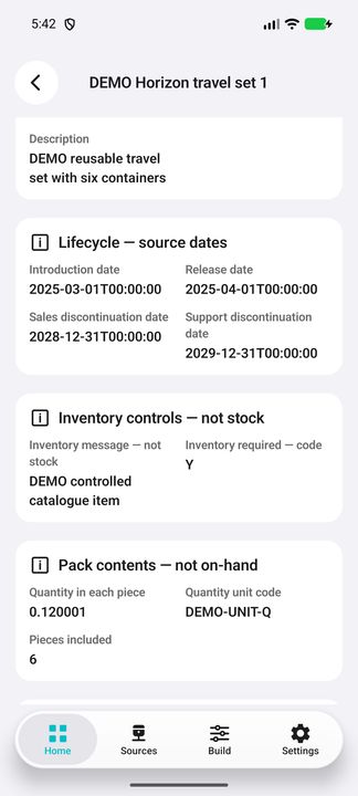 Current product dossier: lifecycle, inventory controls and pack contents; not order stock or historical values. — Native Cifru; wholly fictional DEMO, not a real ERP test.