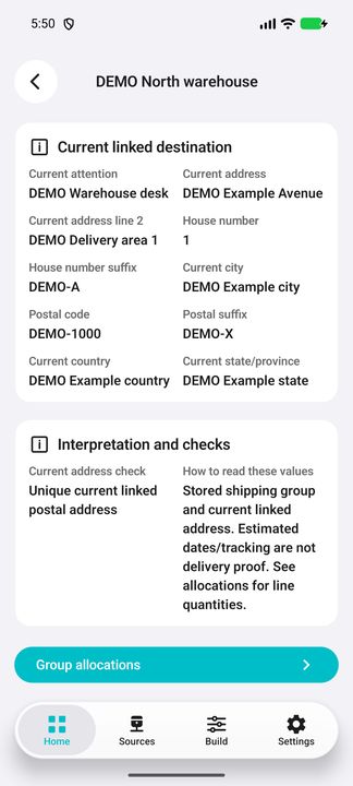 Shipping-group Details and the Group allocations button; destinations are current, not historical snapshots. — Native Cifru; wholly fictional DEMO, not a real ERP test.