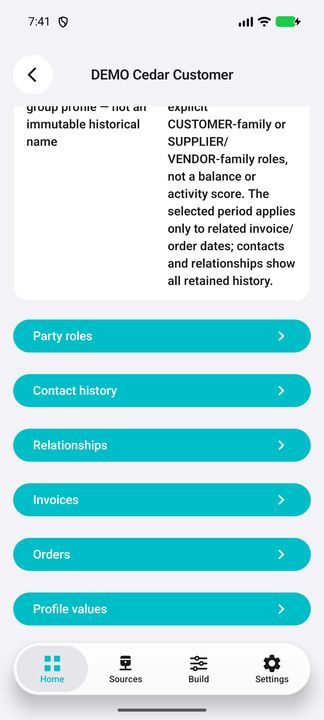 Party Details with six buttons: roles, contact history, relationships, invoices, orders and Profile values. — Native Cifru; wholly fictional DEMO, not a real ERP test.