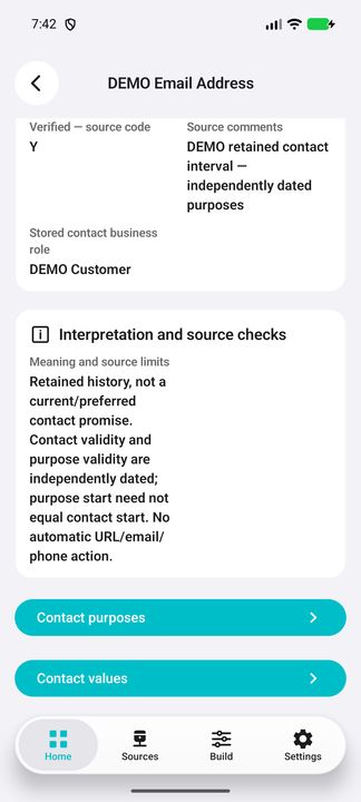 Selected email-contact Details and both buttons: independently dated purposes and Contact values. — Native Cifru; wholly fictional DEMO, not a real ERP test.