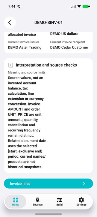 Selected invoice Details and Invoice lines; period controls invoice dates, not party/contact history. — Native Cifru; wholly fictional DEMO, not a real ERP test.