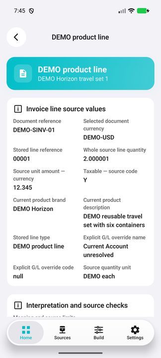 Source-ordered product invoice line; quantity and unit amount are separate, with its document currency. — Native Cifru; wholly fictional DEMO, not a real ERP test.