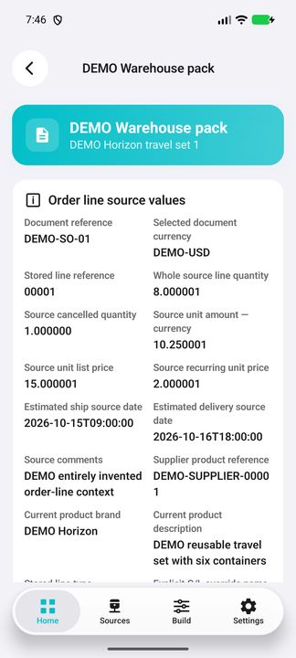Selected product order-line Details; current product and stored source values, not historical product snapshots. — Native Cifru; wholly fictional DEMO, not a real ERP test.