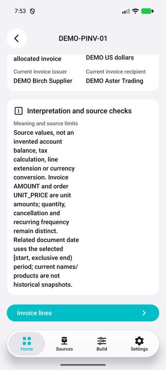 Selected invoice Details and Invoice lines; period controls invoice dates, not party/contact history. — Native Cifru; wholly fictional DEMO, not a real ERP test.