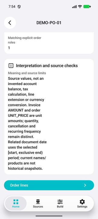 Selected order Details and Order lines; stored totals are not unpaid balances or reconstructed ERP totals. — Native Cifru; wholly fictional DEMO, not a real ERP test.