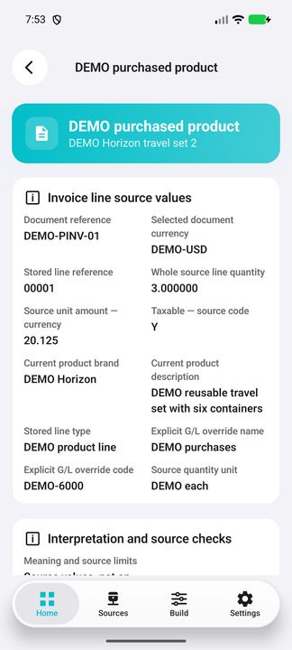 Source-ordered product invoice line; quantity and unit amount are separate, with its document currency. — Native Cifru; wholly fictional DEMO, not a real ERP test.