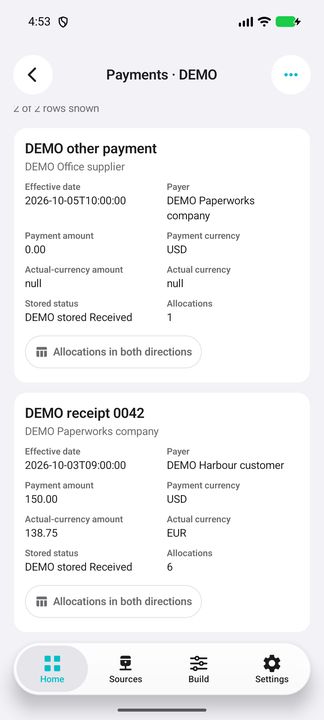 Complete payment card: source amount/currency, separate actual-currency amount, current parties and stored status. — Native Cifru; wholly fictional DEMO, not a real ERP test.